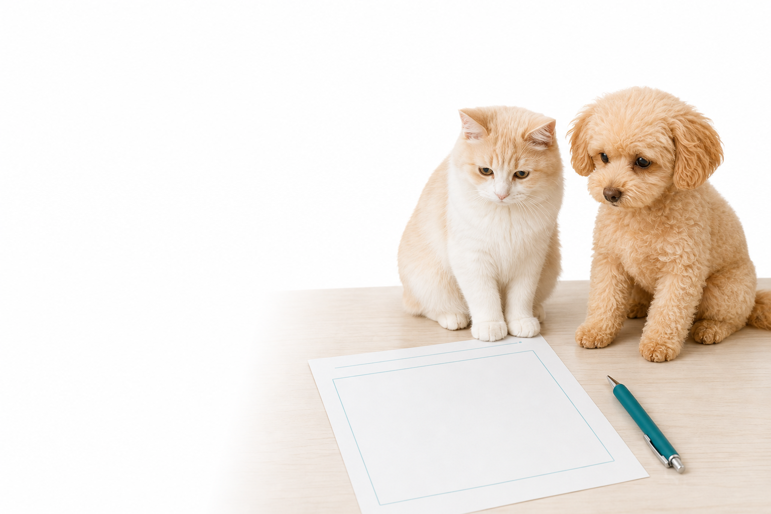 猫と小型犬がメモ用紙のそばに座っている写真